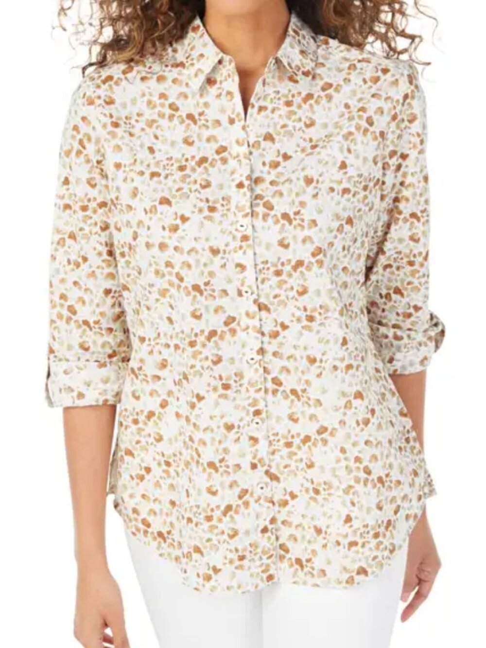 Foxcroft Zoey Tan Watercolor Cotton Button Up Shirt - Size 16 LIKE NEW